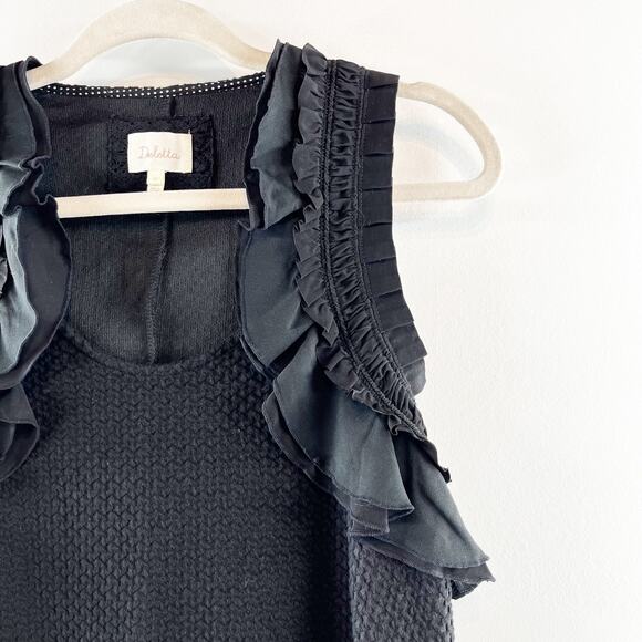 Deletta Anthropologie Ruffle Shoulder Trim Textured Stretch Tank Top Black Small - Picture 11 of 13
